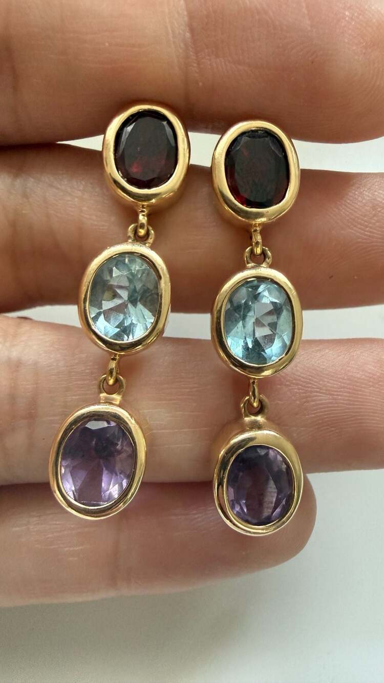 14k Yellow Gold Multi-Gemstone Triple Drop Dangle Earrings